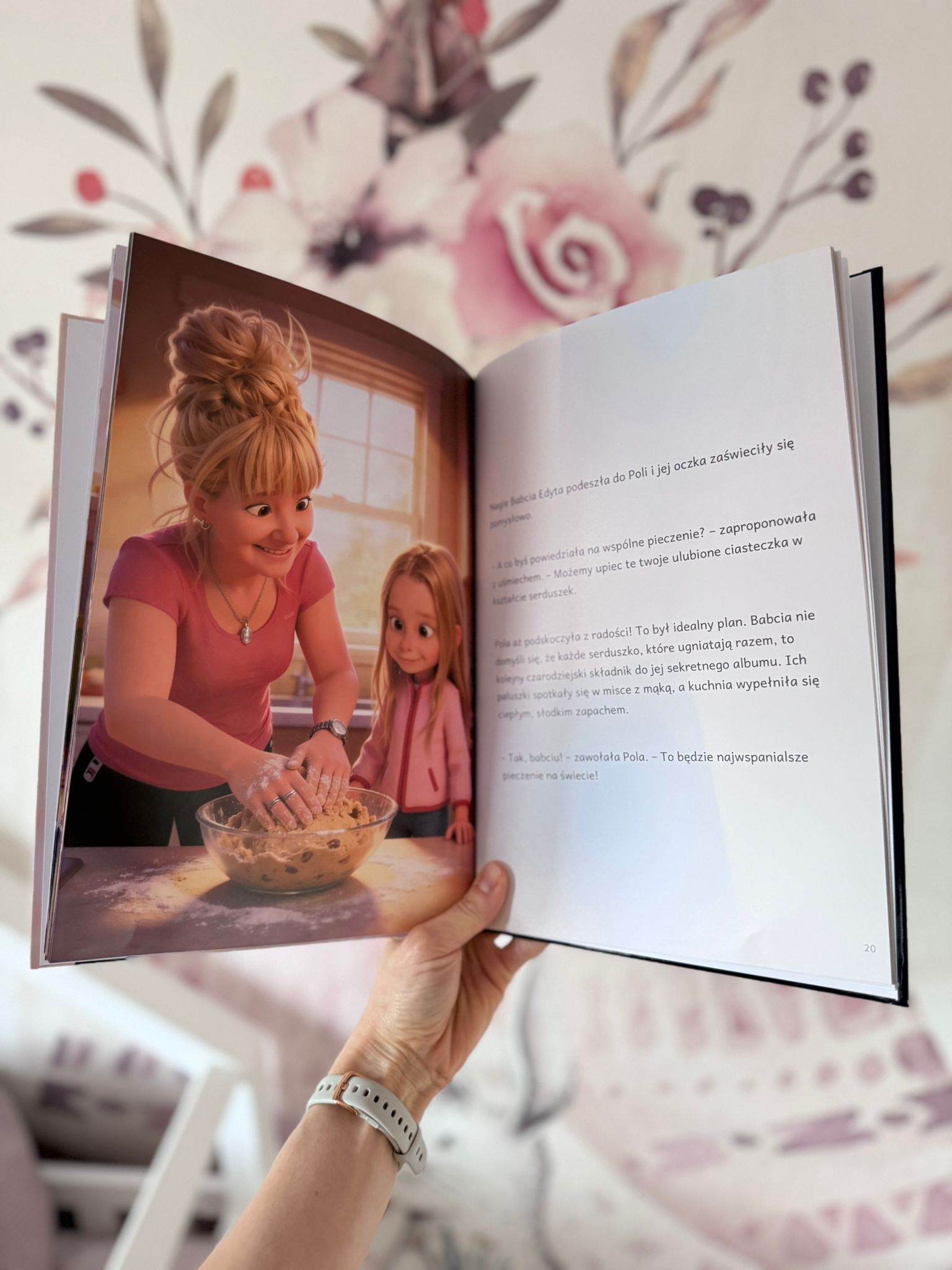 Otwarta spersonalizowana książka z ilustracją i tekstem